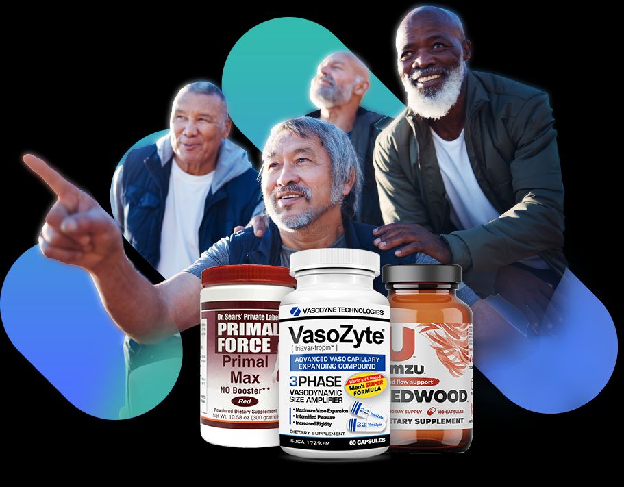 4 older men posing beside 3 products - VasoZyte, Primal Force and Redwood